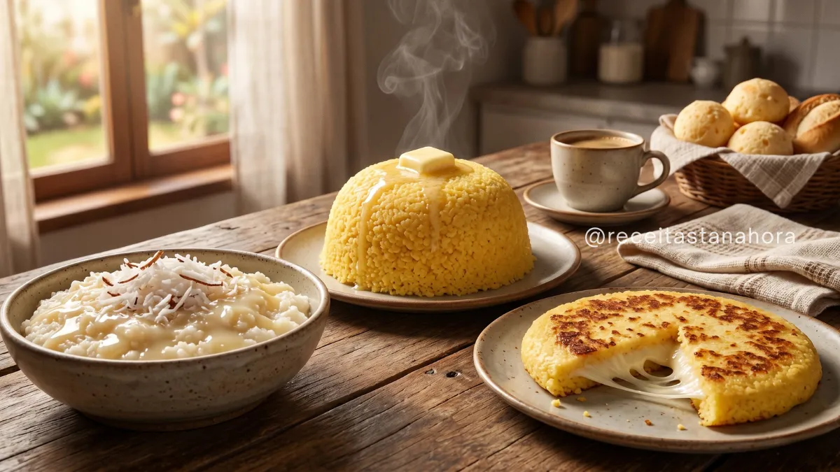 cuscuz de milho com manteiga, cuscuz de tapioca cremoso com coco e leite condensado e cuscuz de frigideira com queijo dourado