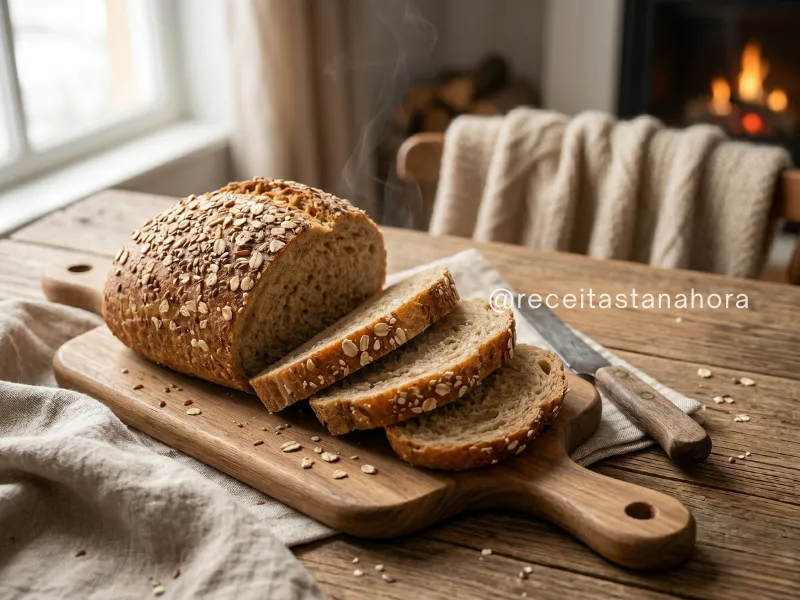 pão integral fatiado com aveia e sementes sobre tábua de madeira rústica. 