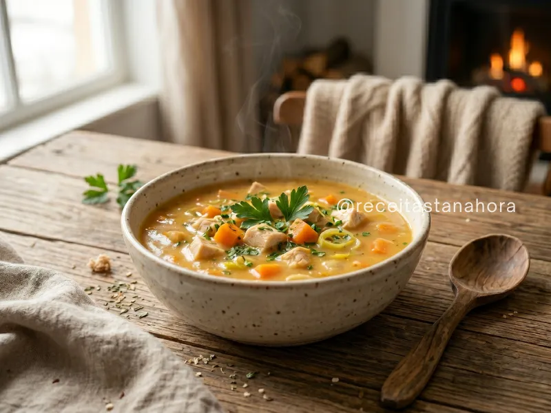 sopa cremosa de batata-doce com frango desfiado, cenoura e alho-poró servida quente em mesa rústica de inverno.