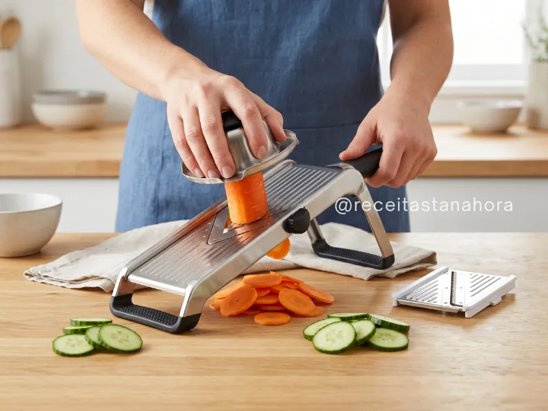 cortador de verduras e legumes com lâmina de aço inox e proteção de mão sendo usado na cozinha