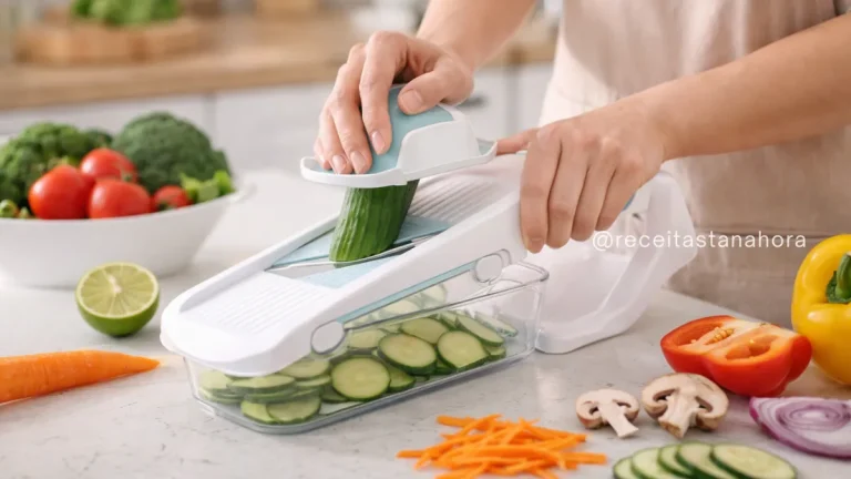 cortador de verduras e legumes multifuncional sendo usado na cozinha