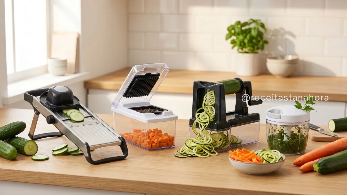 cortador de verduras e legumes sendo usado para preparar vegetais em diferentes tipos de utensílios na cozinha