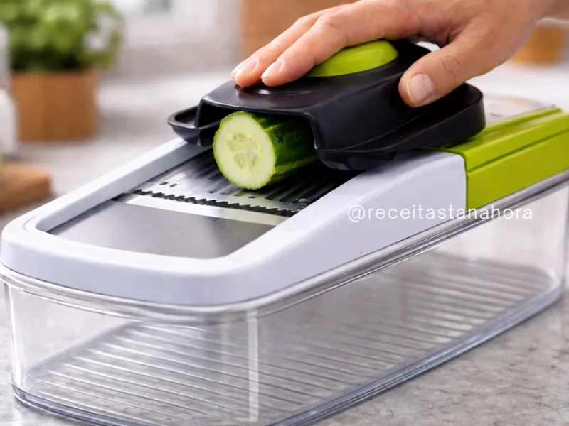 cortador de verduras e legumes com lâmina de aço inox sendo usado com proteção de mão