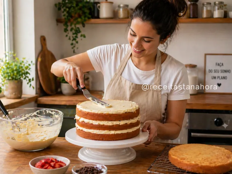 montagem de bolo com recheio cremoso em camadas na cozinha