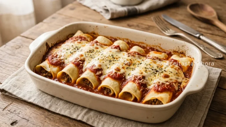panqueca de carne moída gratinada ao molho de tomate com queijo derretido em refratário assado