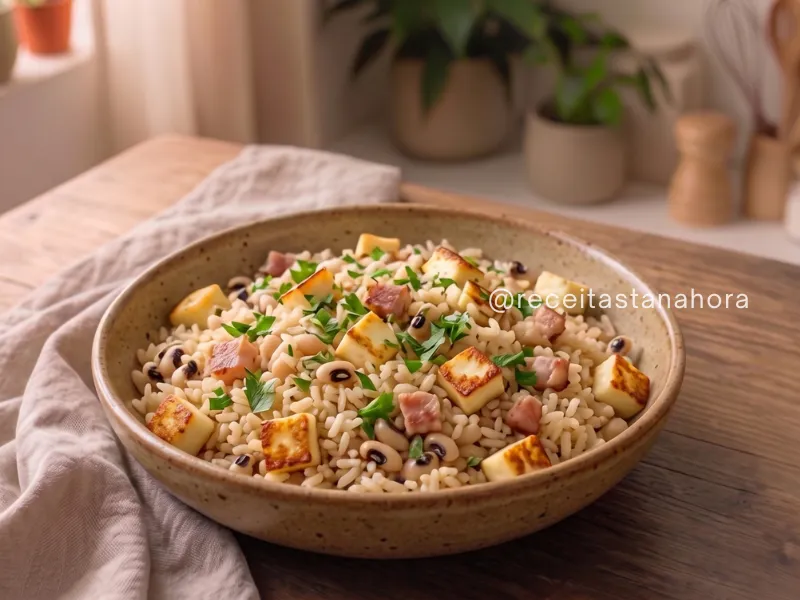 baião de dois tradicional com arroz, feijão fradinho, queijo coalho dourado e bacon servido em prato rústico
