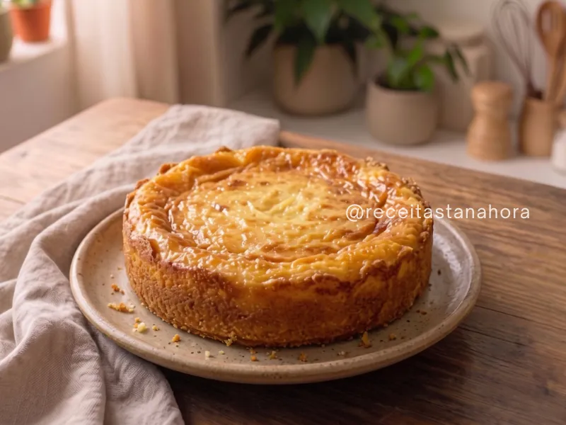bolo de aipim tradicional brasileiro inteiro com topo dourado e textura úmida servido em prato rústico
