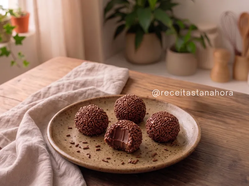 brigadeiros caseiros tradicionais em prato rústico com textura cremosa e cobertura de chocolate granulado