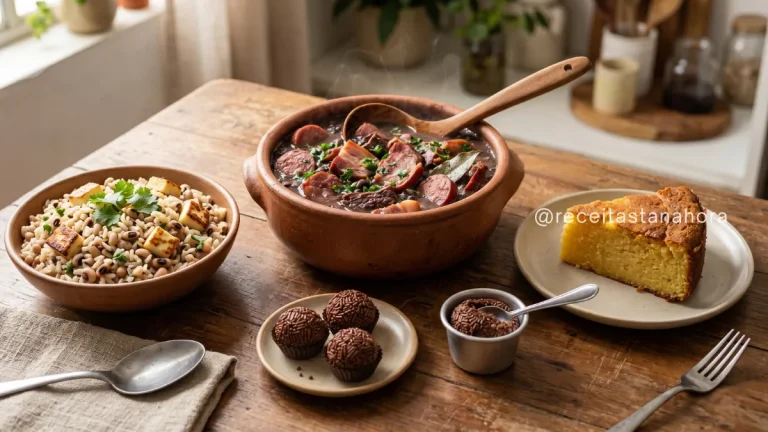 comidas típicas brasileiras com feijoada baião de dois bolo de aipim e brigadeiro em mesa rústica