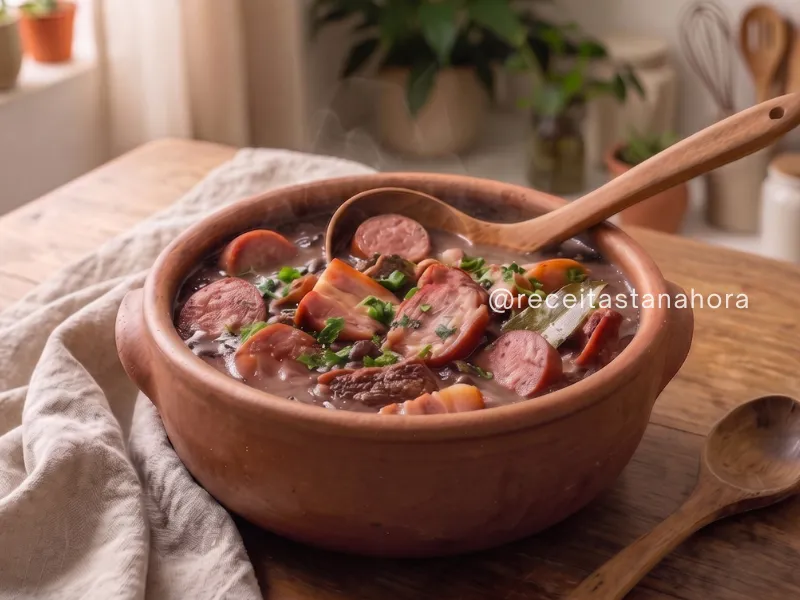 feijoada tradicional brasileira servida em panela de barro com carnes variadas e cheiro-verde