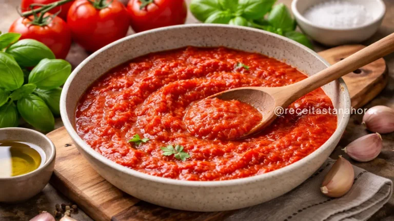 molho de tomate caseiro encorpado em panela com tomates frescos