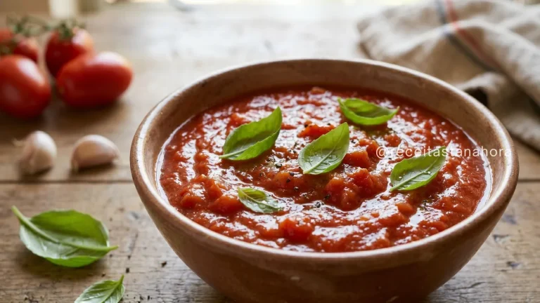 molho de tomate caseiro encorpado em tigela rústica com manjericão fresco e textura natural
