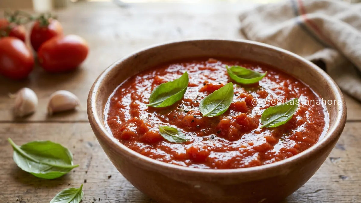 molho de tomate caseiro encorpado em tigela rústica com manjericão fresco e textura natural