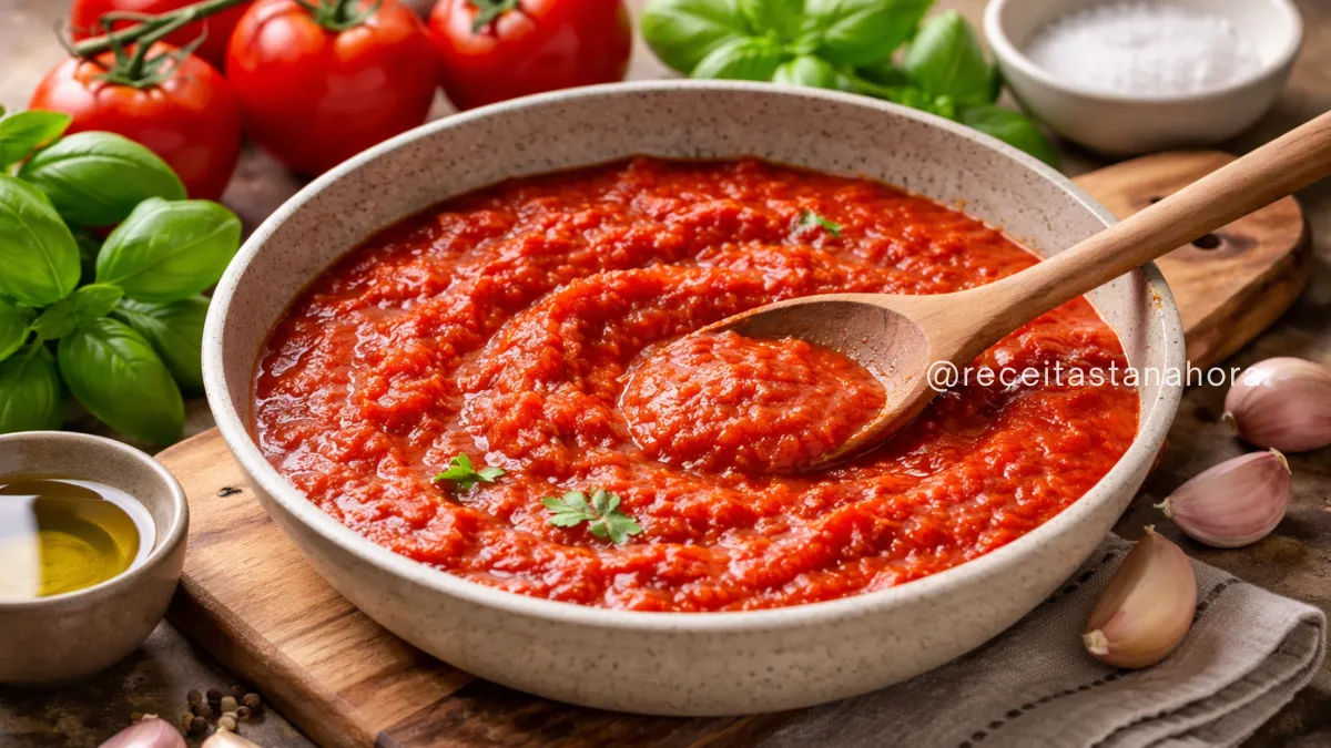 molho de tomate caseiro encorpado em panela com tomates frescos