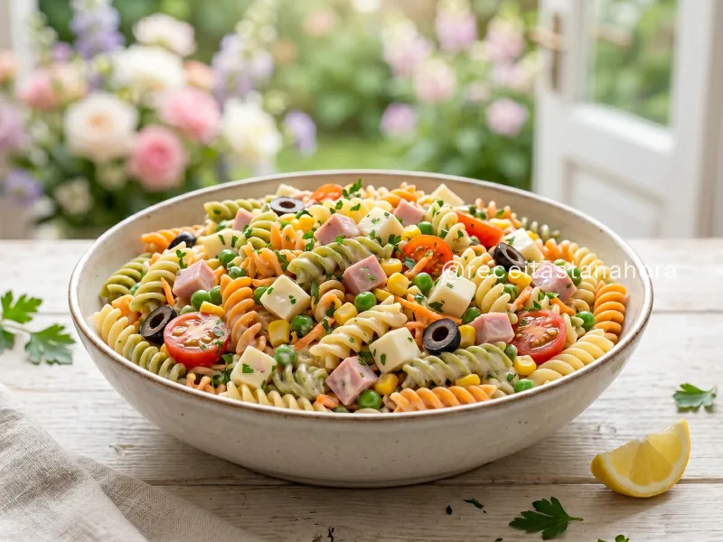 macarrão parafuso com maionese, legumes, queijo e presunto em mesa com decoração de primavera