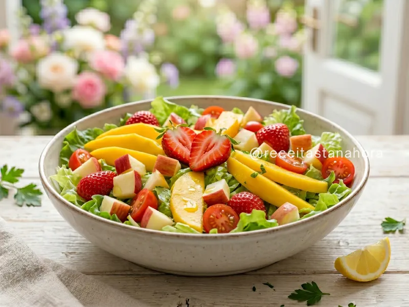 tigela com alface, manga, morangos, maçã e tomate-cereja em mesa clara decorada para primavera