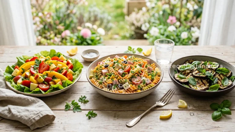 saladas coloridas com macarrão, frutas e berinjela servidas em mesa leve e refrescante