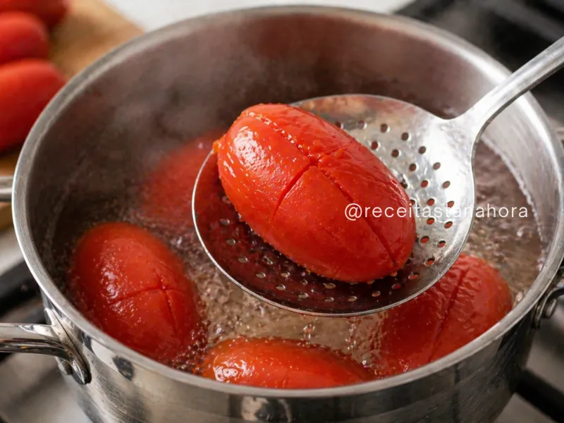 tomate italiano sendo retirado da água fervente com escumadeira após escaldar para remover a pele
