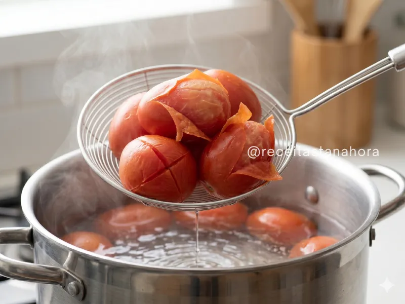tomate italiano sendo retirado da água fervente com escumadeira após escaldar para remover a pele