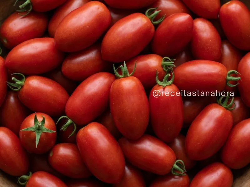 tomates italianos maduros em tigela de madeira vistos de cima