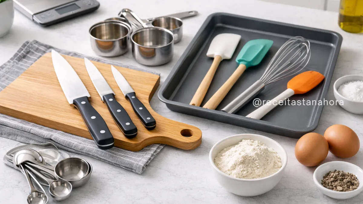 utensílios de cozinha essenciais organizados sobre bancada