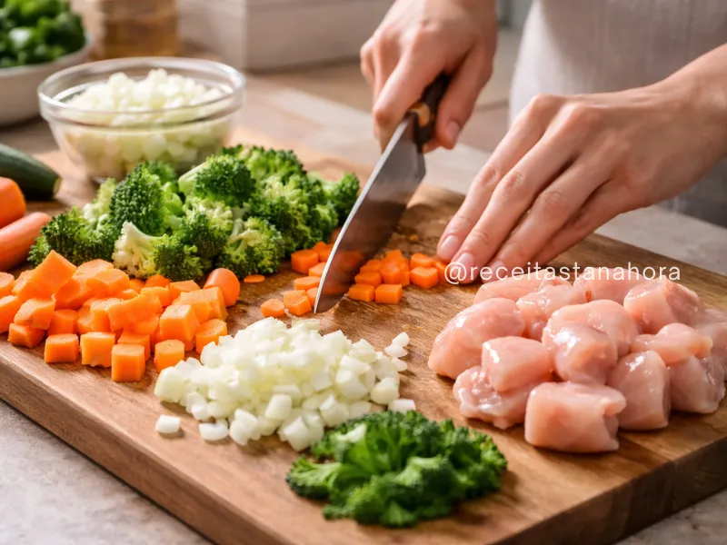 alimentos sendo cortados em pedaços menores para acelerar o tempo de cozimento