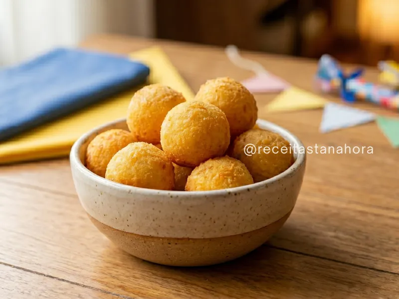 bolinhas de queijo fritas crocantes servidas em prato para festa infantil
