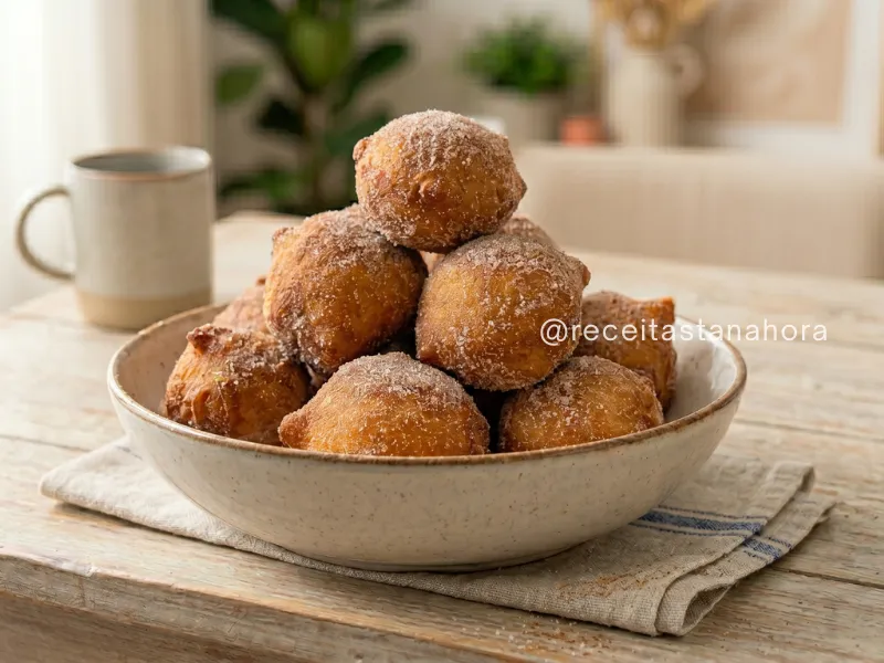 bolinho de chuva caseiro dourado com açúcar e canela servido em tigela rústica