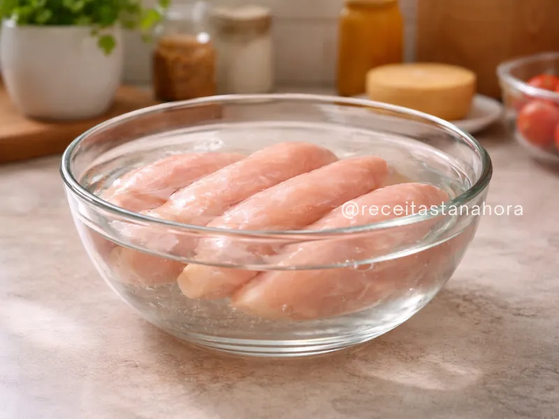 carne sendo descongelada em tigela com água em temperatura ambiente na cozinha