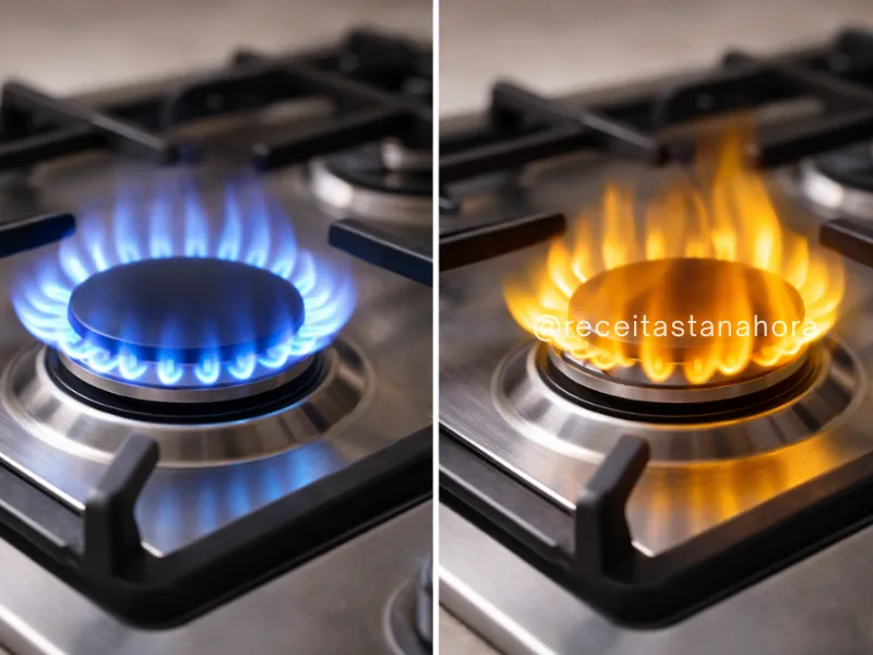 comparação entre chama azul e chama amarela no fogão mostrando funcionamento correto e incorreto