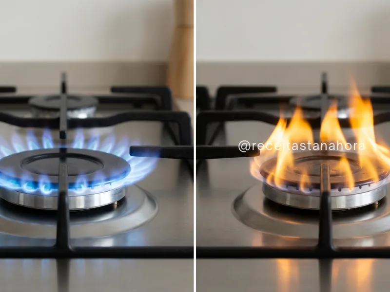 comparação entre chama azul e chama amarela no fogão indicando eficiência do gás