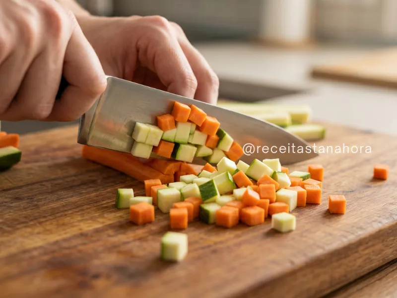 mão cortando legumes em pedaços pequenos para cozinhar mais rápido
