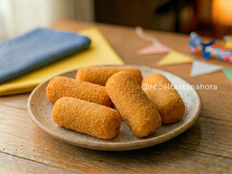 croquete de salsicha frito dourado servido como salgado de festa