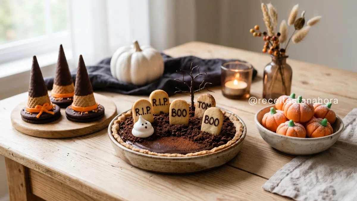 doces criativos para halloween com torta de chocolate e docinhos temáticos