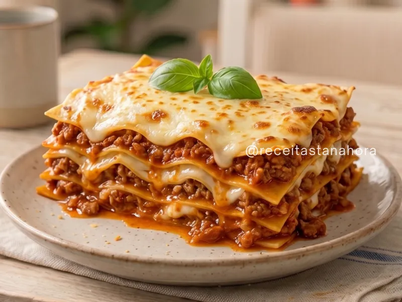 lasanha à bolonhesa caseira com molho de carne e queijo gratinado servida em prato