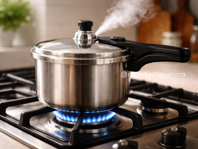 panela de pressão em uso no fogão com vapor saindo da válvula