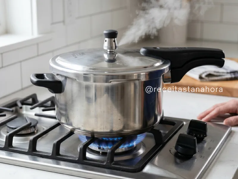 panela de pressão em uso no fogão com vapor saindo da válvula