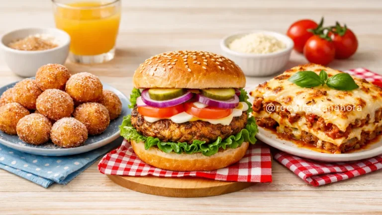 receitas inspiradas em personagens infantis com bolinho de chuva, hambúrguer e lasanha