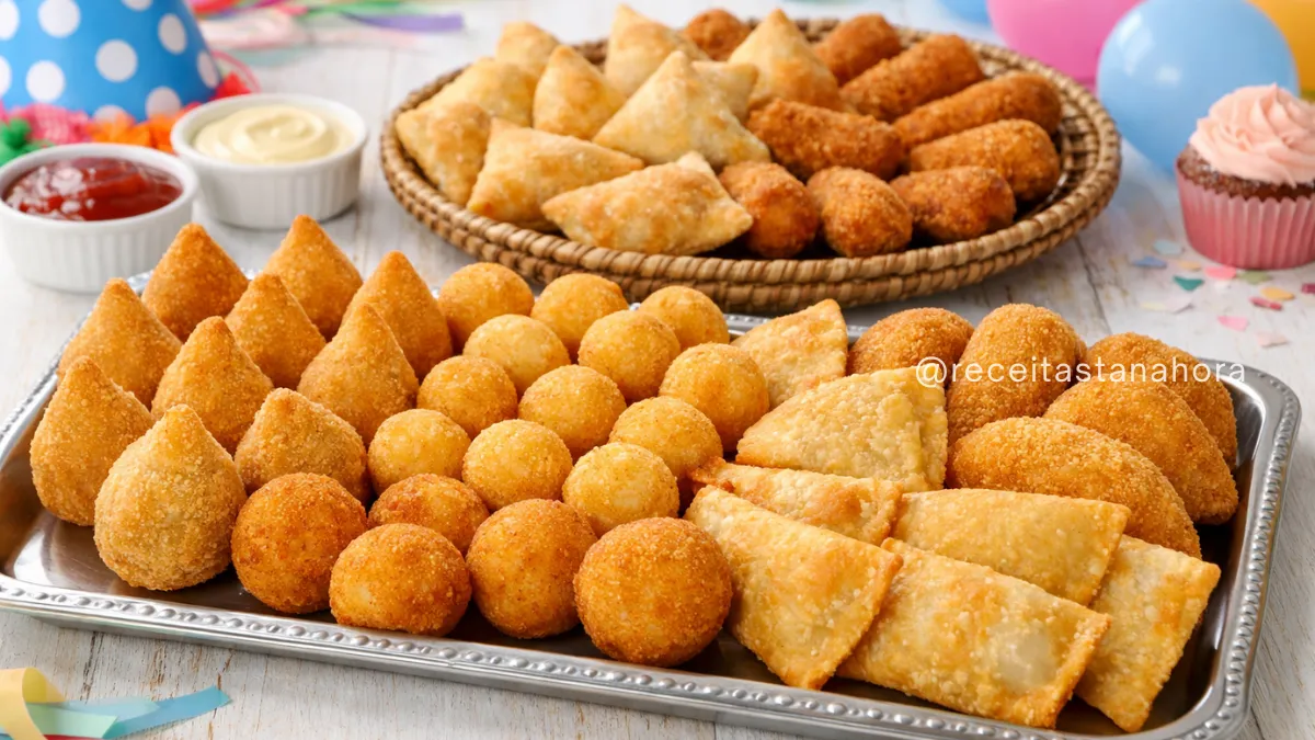 salgados para festa infantil variados como coxinha, bolinha de queijo e pastel