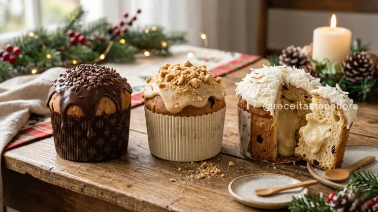 mini panetone recheado de chocolate, paçoca e beijinho decorados para o Natal, com cobertura cremosa e recheio visível