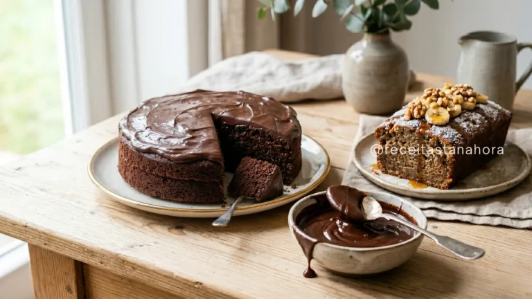 sobremesas veganas variadas como bolo de chocolate, banana e ganache