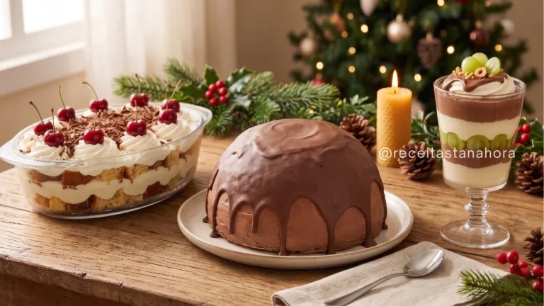 sobremesas geladas de natal com zuccotto coberto com chocolate, pavê de panetone com chantilly e cerejas e taça de uva cremosa decorada