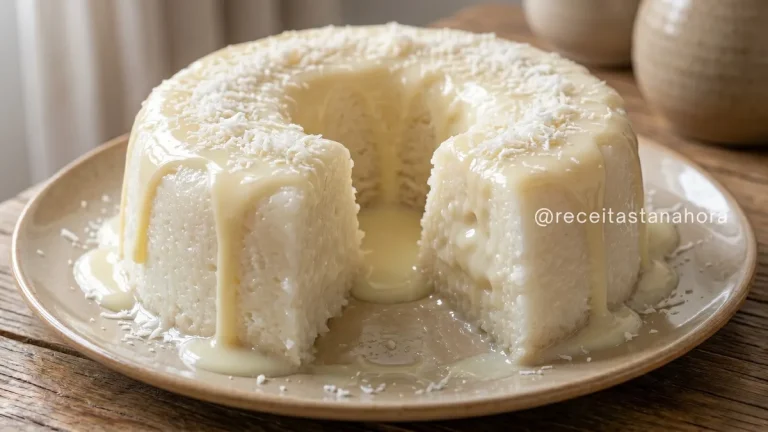 bolo gelado de tapioca cremoso com leite condensado e coco ralado, bem molhadinho com leite no prato