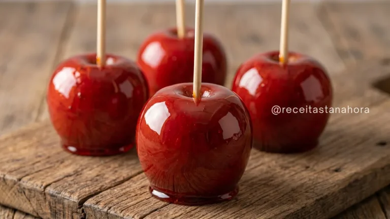 maçãs do amor com calda caramelizada vermelha brilhante sobre tábua de madeira
