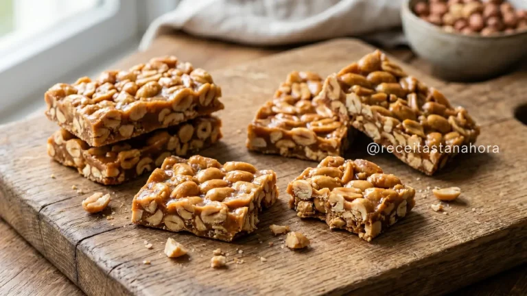 pedaços de pé de moleque caseiro com amendoim e caramelo sobre tábua de madeira
