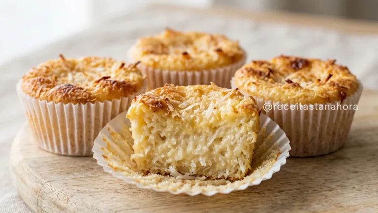 queijadinha cremosa caseira cortada mostrando interior úmido com coco ralado