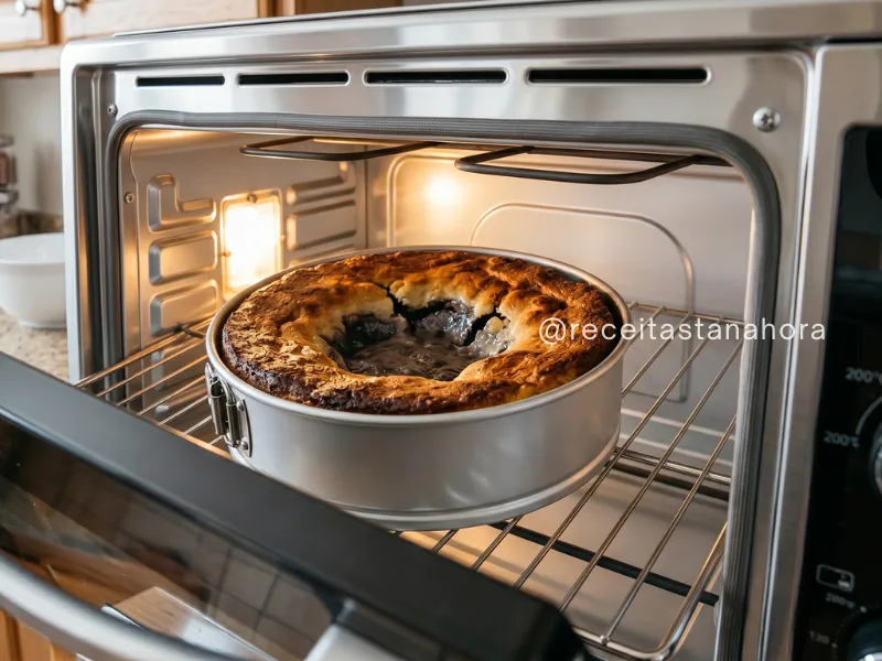 bolo com topo muito dourado e centro afundando dentro do forno por temperatura incorreta
