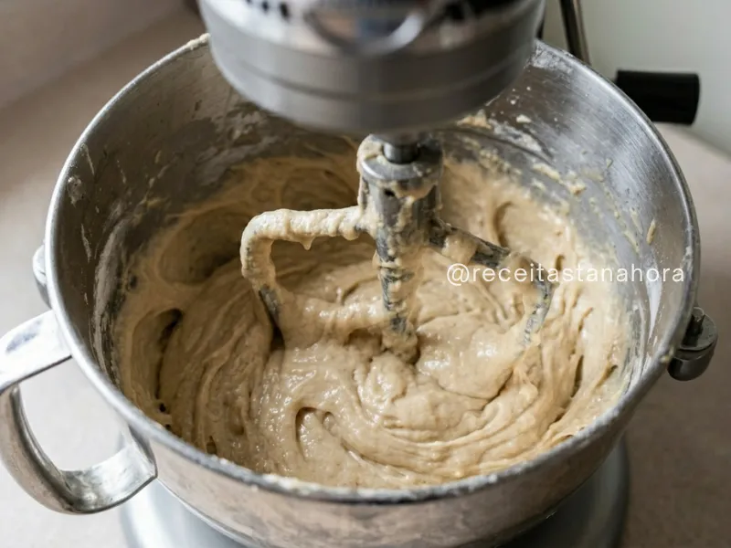 Massa de bolo pesada após bater demais, textura densa e pouco aerada na tigela da batedeira