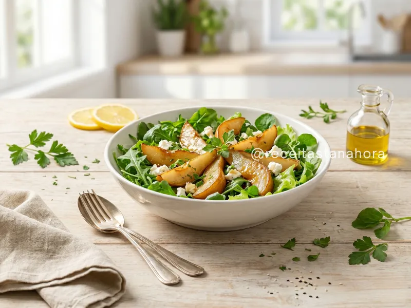 salada refrescante com folhas verdes, pera caramelizada e queijo de cabra