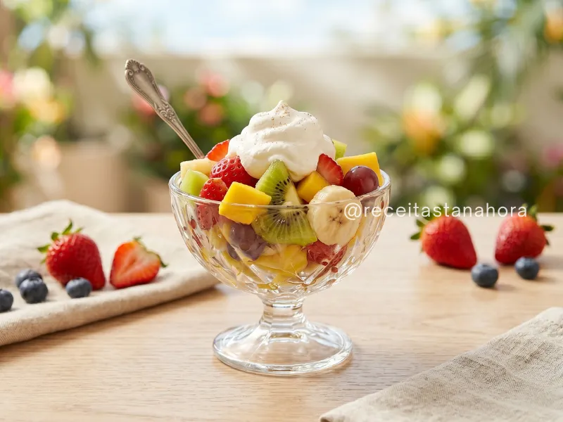 salada de frutas com chantilly cremosa e frutas frescas servida em taça para o verão